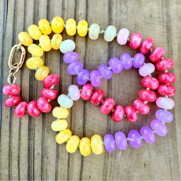 Candy Gemstone Choker Chalcedony, Jade, Moonstone, Hand Knotted, 14k Gold-Filled - Picture 1 of 7